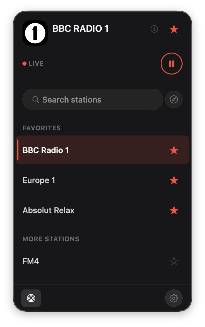 Radio Player Mini popover with BBC Radio 1 playing, favorites list, and playback controls