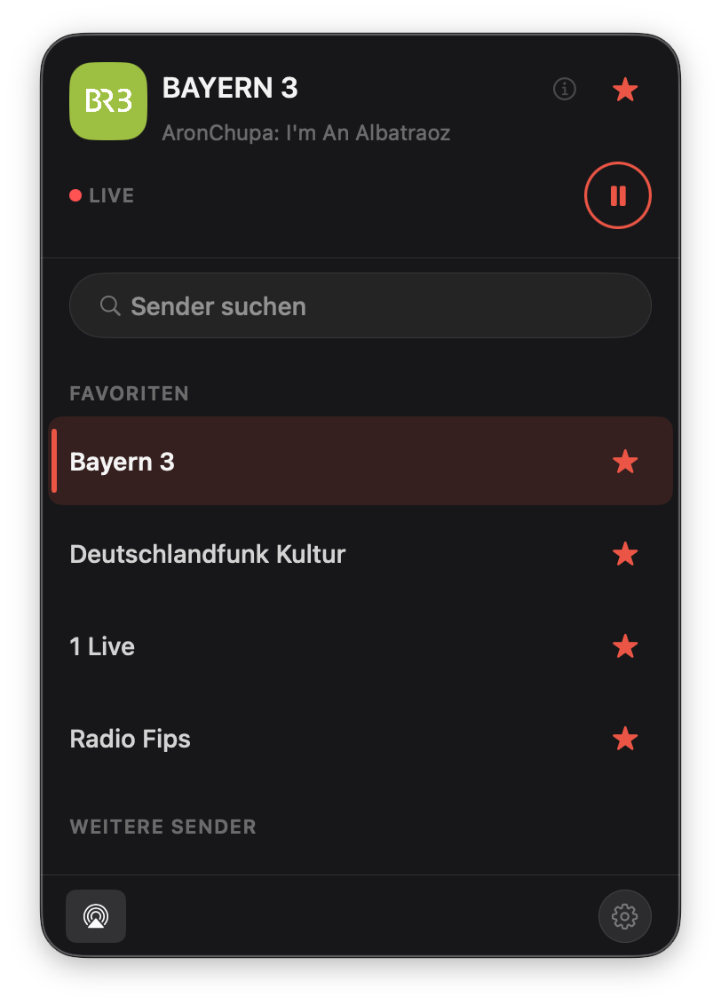Radio Player Mini Popover mit laufendem Sender Bayern 3, Favoritenliste und Wiedergabesteuerung