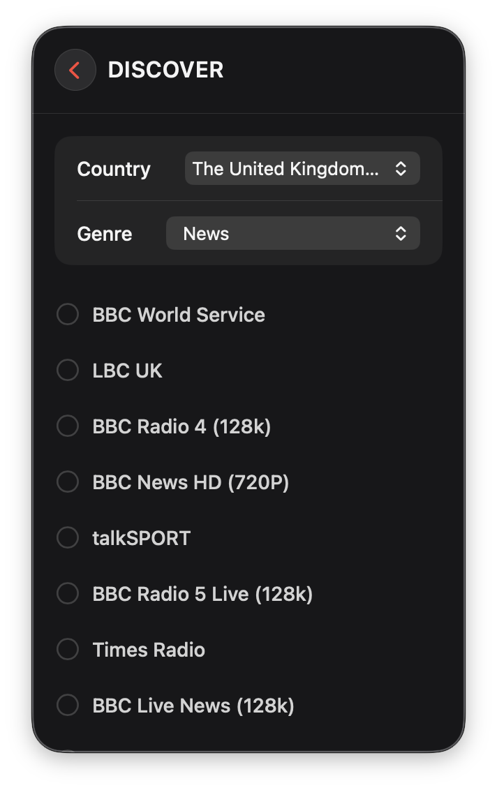 Radio Player Mini's Discover view, filtered by country United Kingdom and genre News, with selectable stations