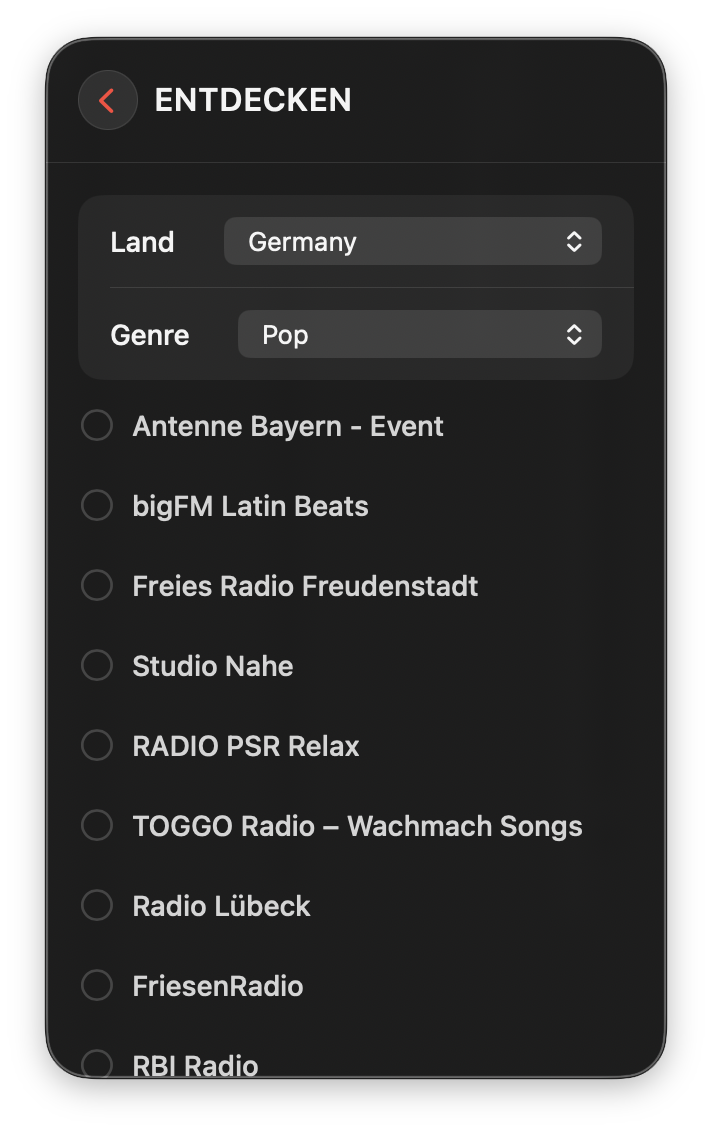Entdecken-Ansicht von Radio Player Mini, gefiltert nach Land Deutschland und Genre Pop, mit auswählbaren Sendern